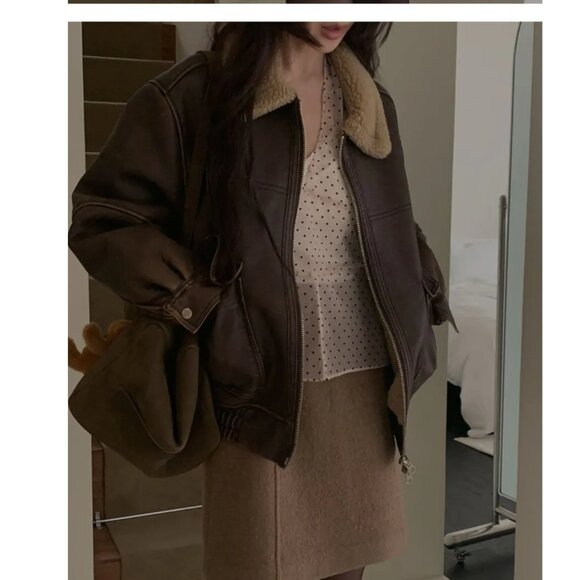 Maybebaby Faux Leather Oversized Shearling Bomber Jacket in Brown XS-M - Picture 10 of 12